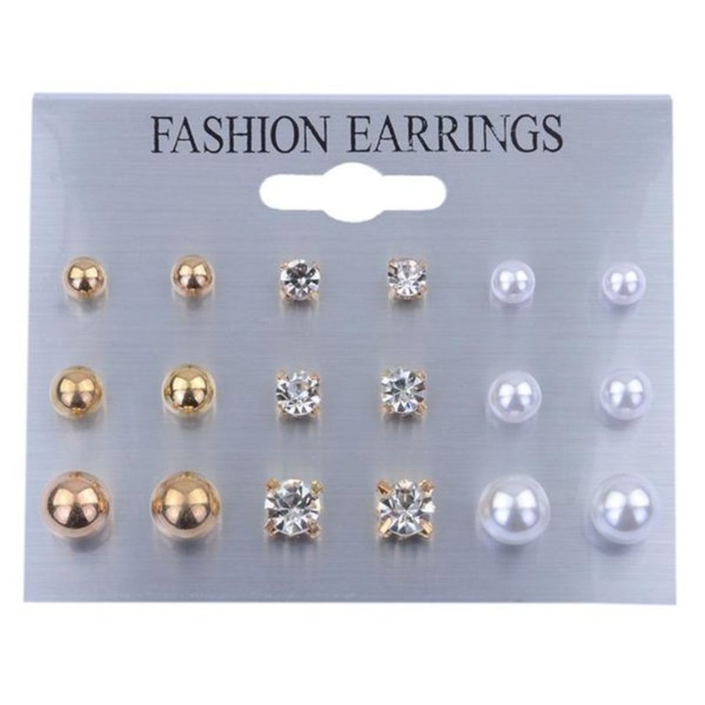 9 Pair Pearl and Rhinestone Earring Set